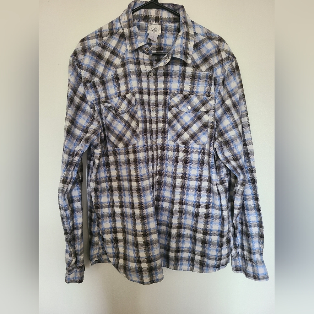 Lee Dungarees Blue Plaid Pearl Snap 100% Cotton Button Down Mens Size XL